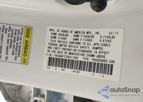 2013 Acura Tl 3.5 из США, поврежденный, VIN 19UUA8F27DA011892